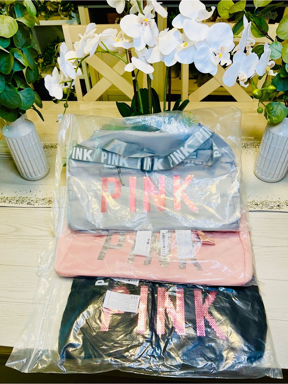 PINK Sequin Logo Duffle Bag - Gray, Pink, Black (NEW)